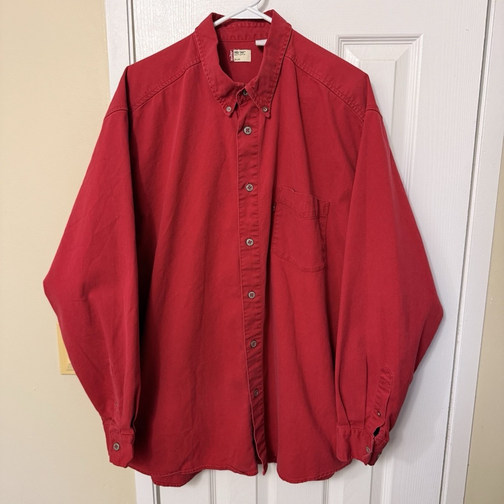 Vintage Levi's Red Denim Metal Button Down Red Tab Pockets Shirt Size XL Mens